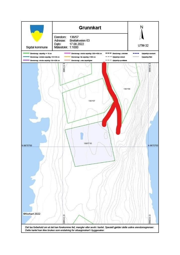 Eiendomskart, bilvei inntegnet med rødt Galleribilde