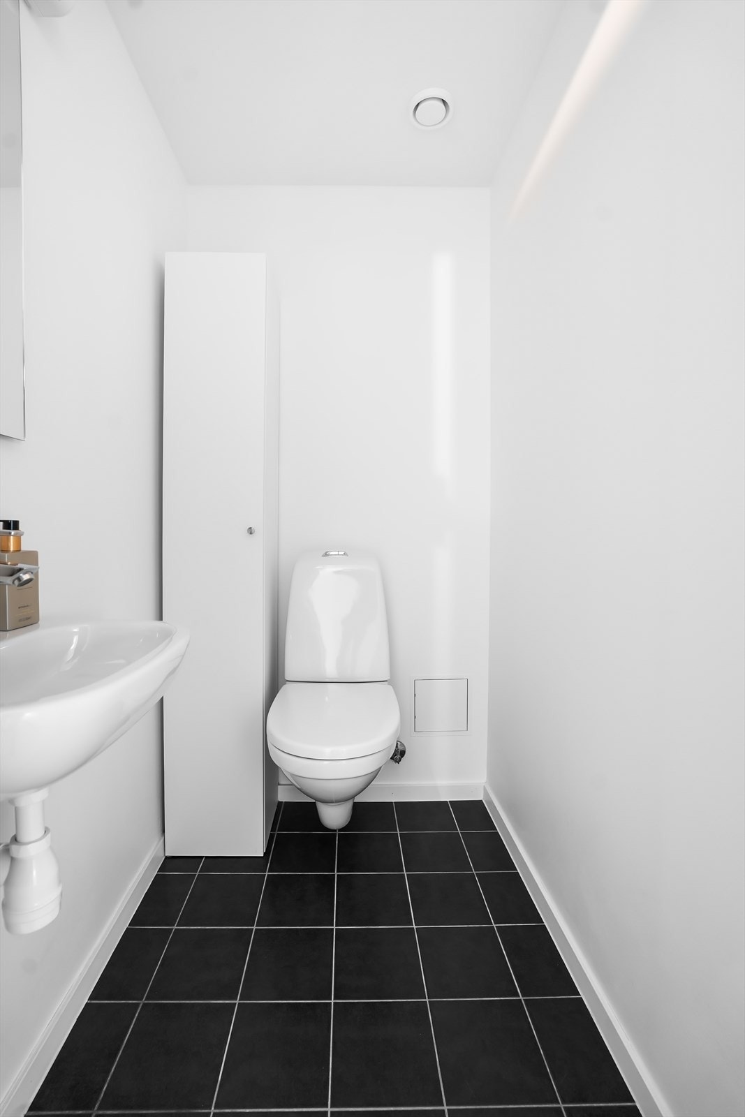 Separat WC utstyrt med vegghengt servant med ett-greps armatur samt vegghengt toalett. Galleribilde