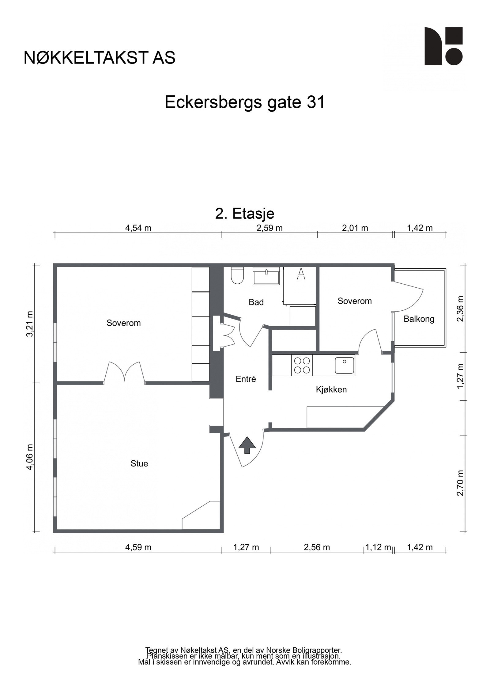 Eckersbergs gate 31, BRA-i: 57 kvm bestående av entré, stue, separat kjøkken, meget romslig hovedsoverom med skapplas, soverom to med utgang til balkong, og lekkert baderom. Galleribilde