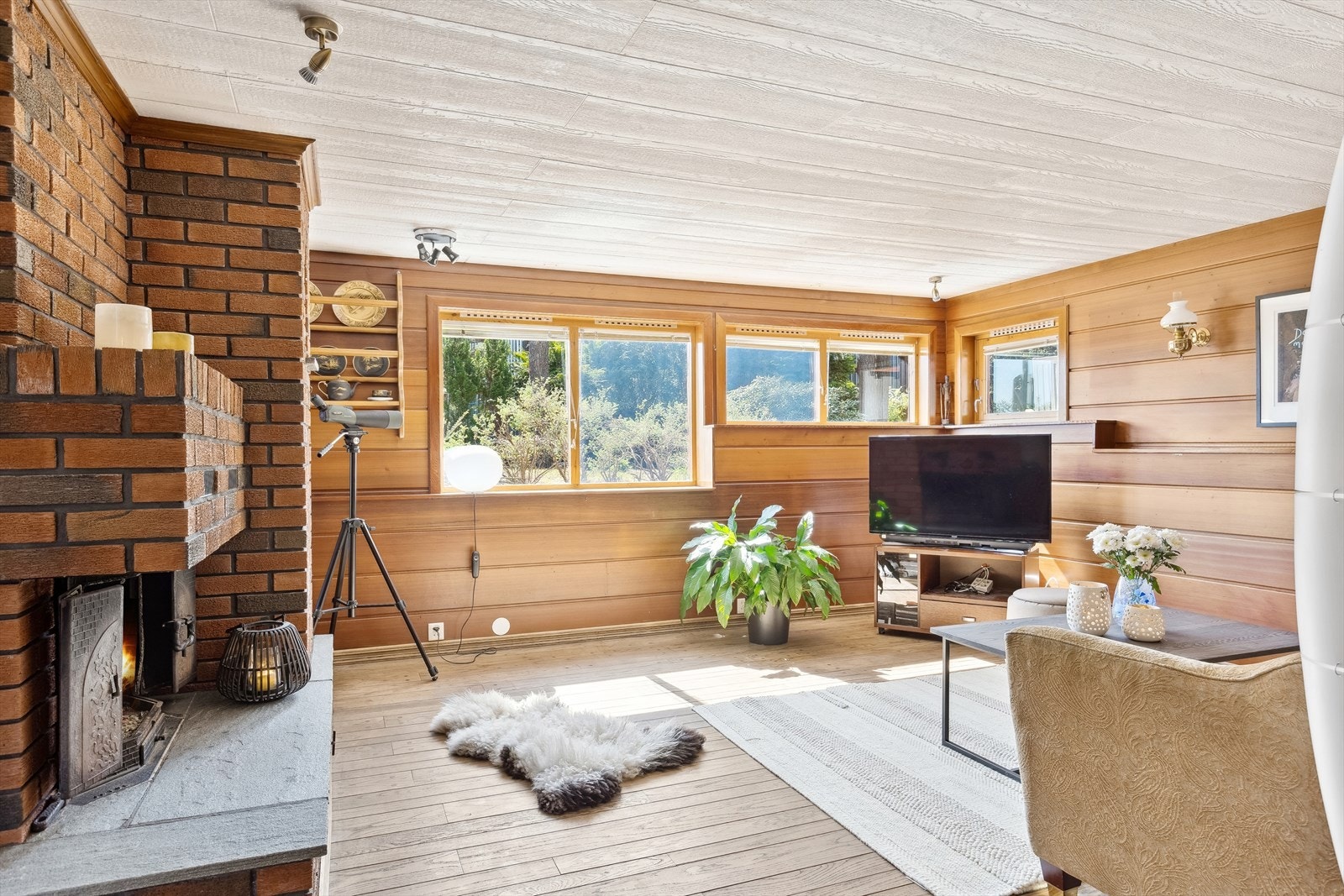 I tillegg til en oppmurt, åpen peis har stuen en luft-til-luft varmepumpe. Galleribilde