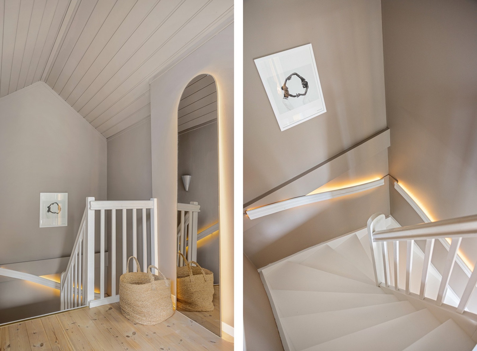 Vi går opp i boligens andre etasje. Merk lysene under håndløperne. Galleribilde