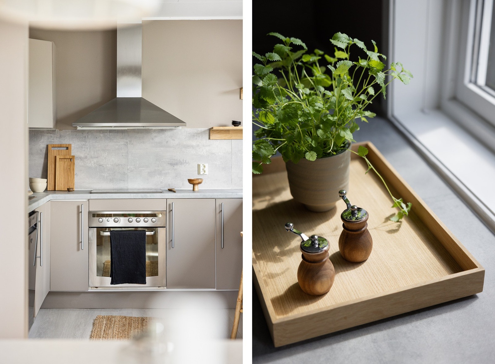 Det er installert kitchenboard på vegg mellom over og underskap, dette gjør det både enklere å holde rent og skåner veggen for matdamp og søl. Galleribilde