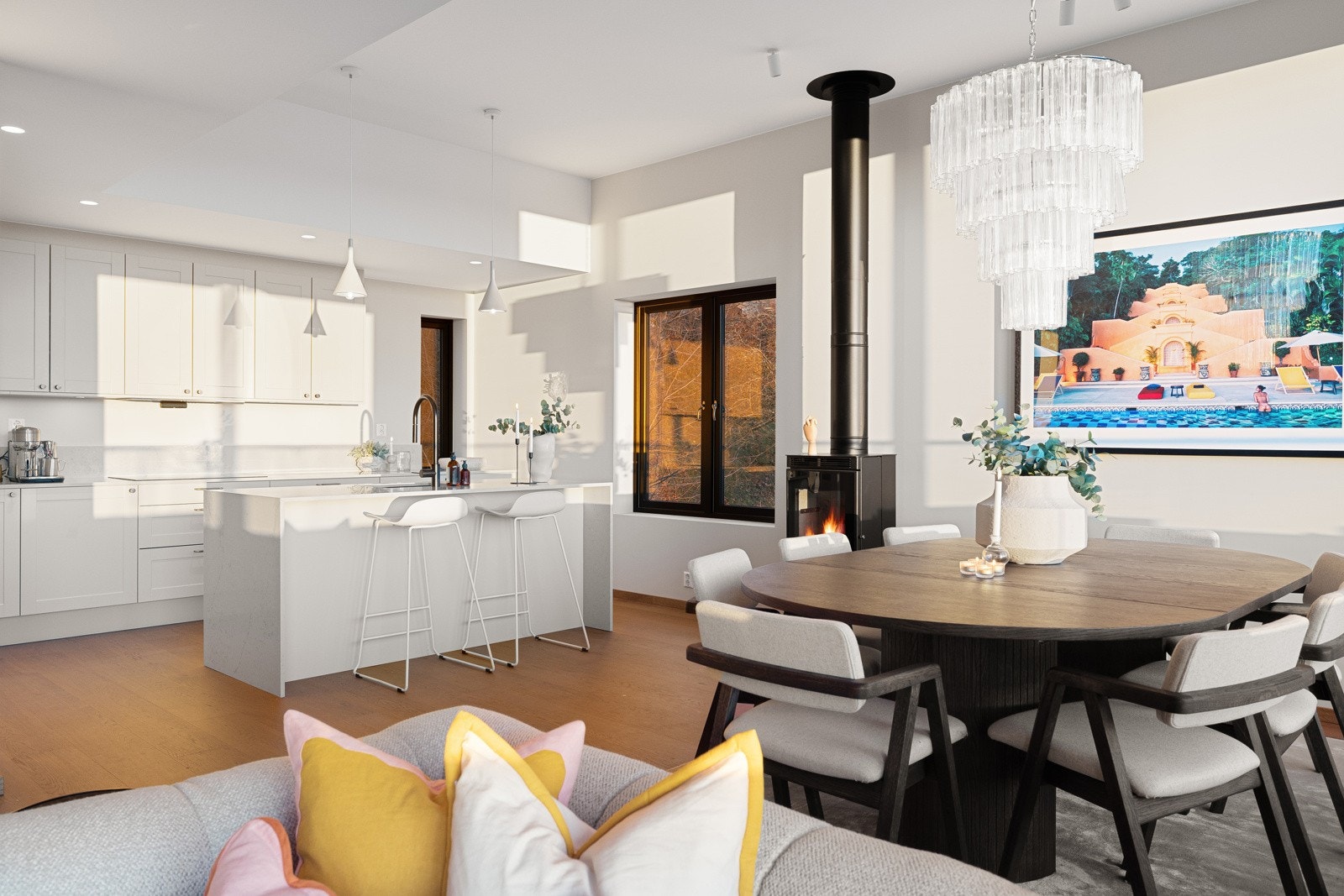 Innbydende, pent kjøkken fra Sigdal med profilerte/glatte fronter og stor plass til spisebord i tilhørende spisestuedel Galleribilde