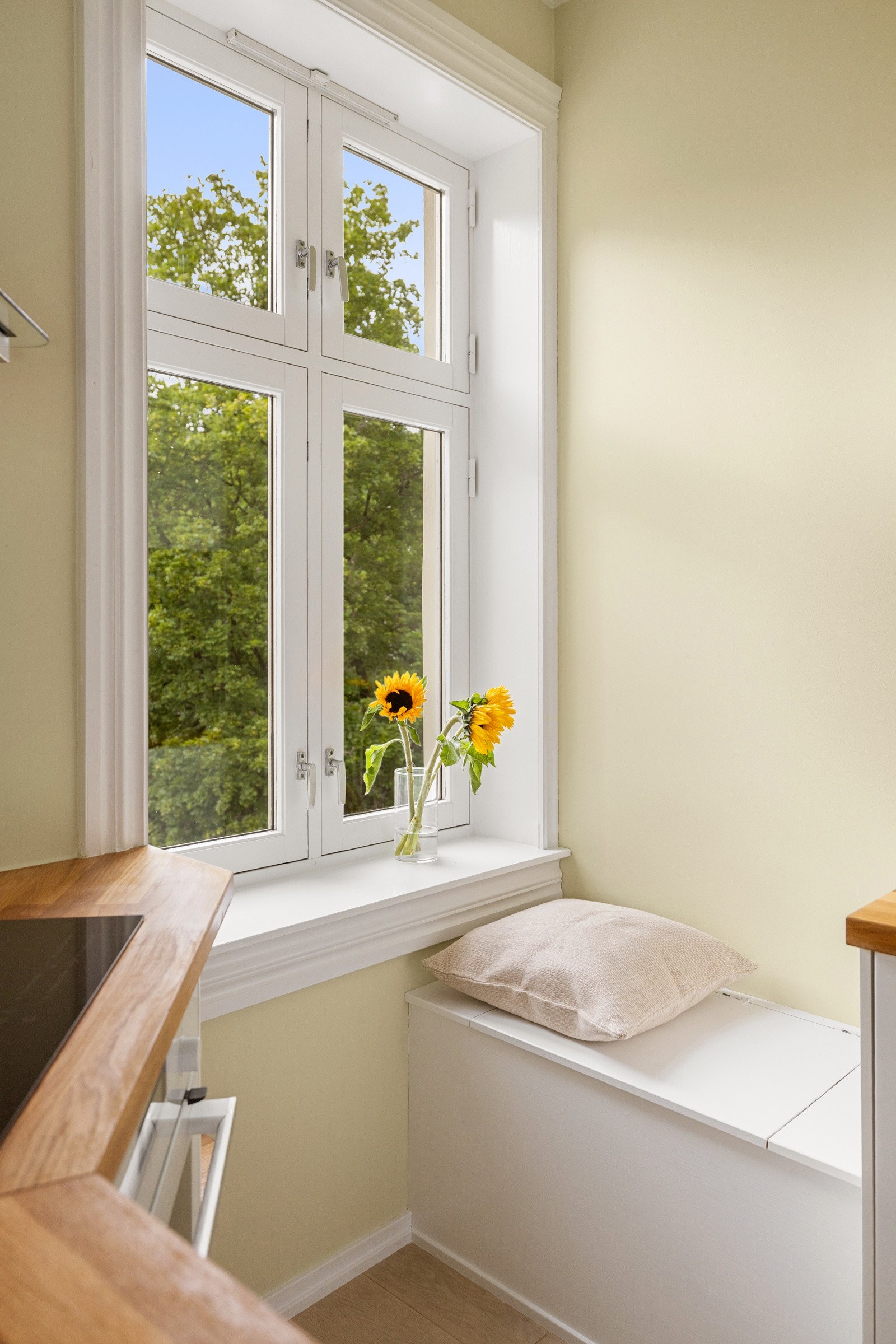 Den store vindusflaten slipper inn fint lys, samtidig som det er lite innsyn og fint utsyn over den frodige bakhagen. Galleribilde