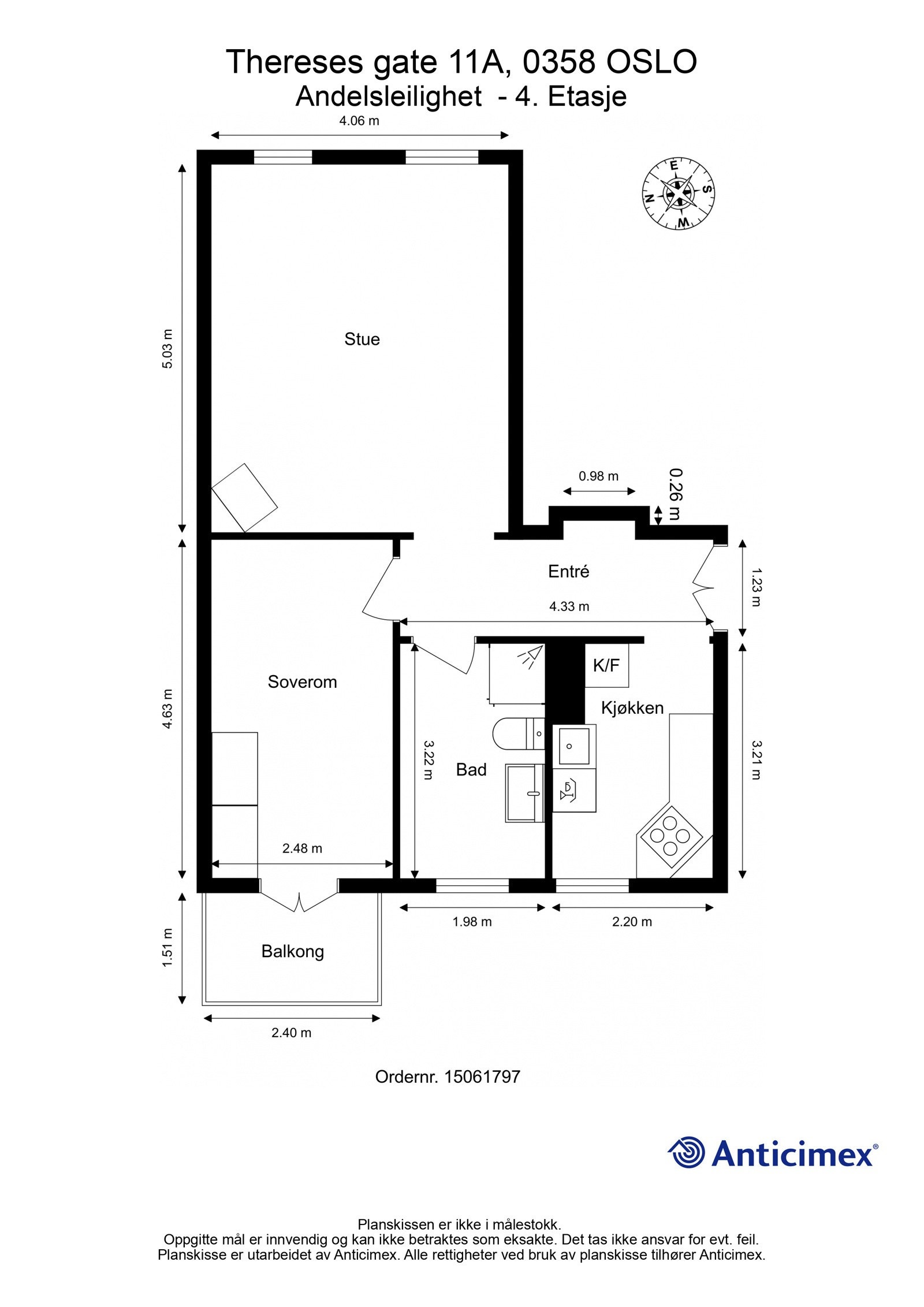 Plantegning 4. etasje. I tillegg disponerer leiligheten en kjellerbod på ca. 9m², samt en loftsbod med gulvareal på ca. 6m² (ikke måleverdig areal). Galleribilde