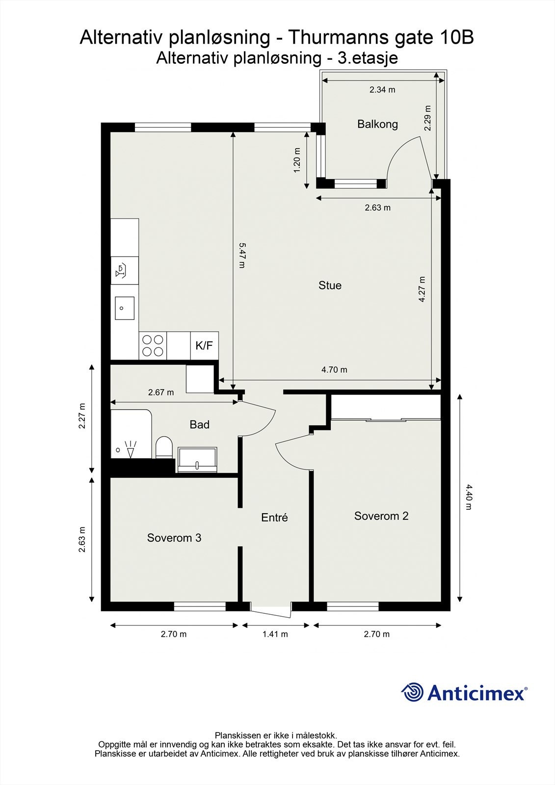 Alternativ plantegning. Enkelte leiligheter i borettslaget har flyttet kjøkken ut i stuen for å etablere åpen løsning. Galleribilde