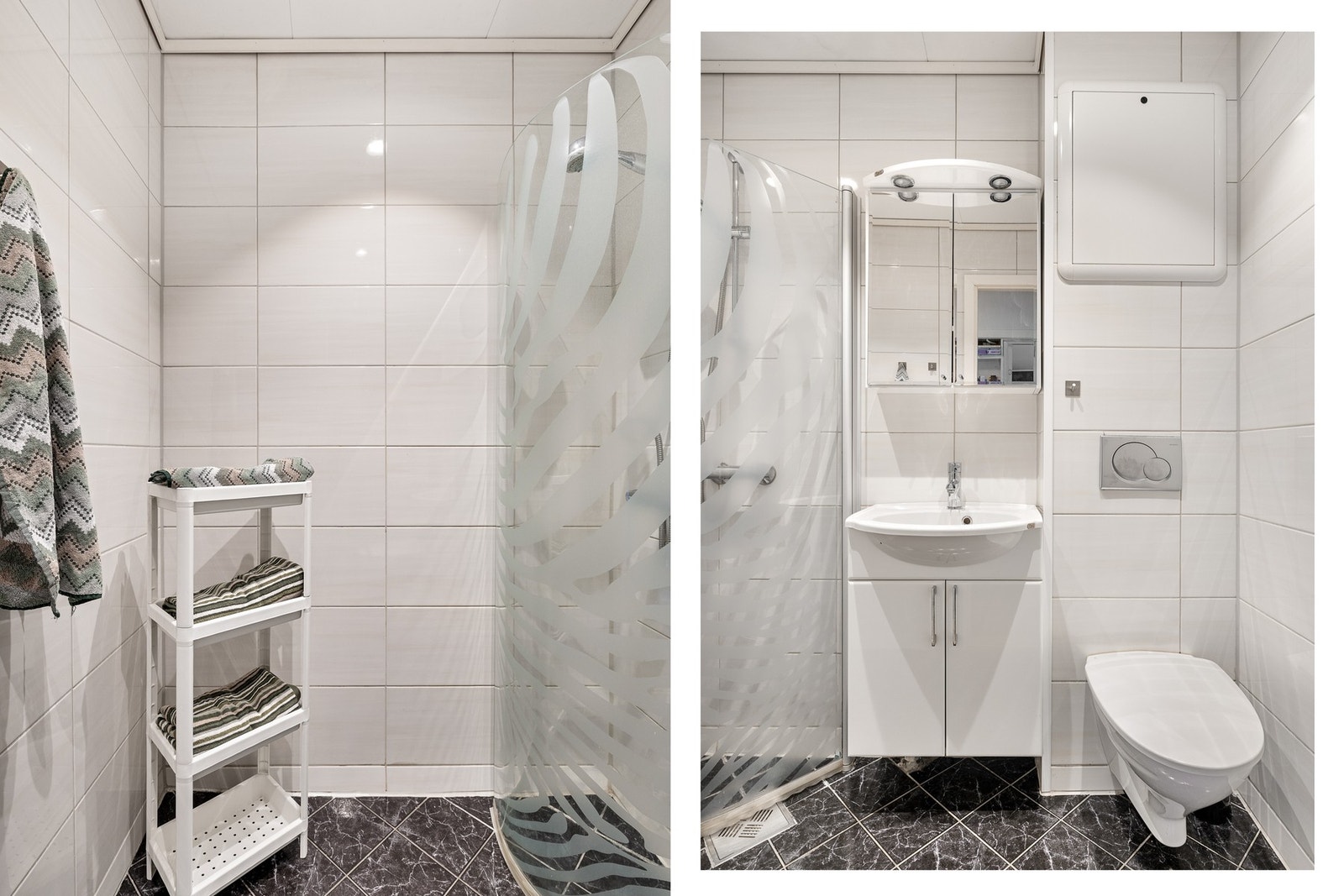 På badet er det varmekabler i gulv, servant med innredning, toalett og dusjhjørne. Galleribilde