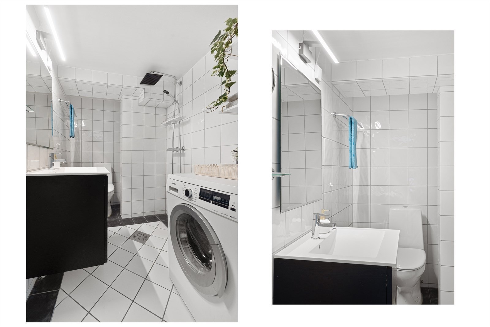 Pent, tidløst bad med flislagte overflater og opplegg for vaskemaskin. Galleribilde