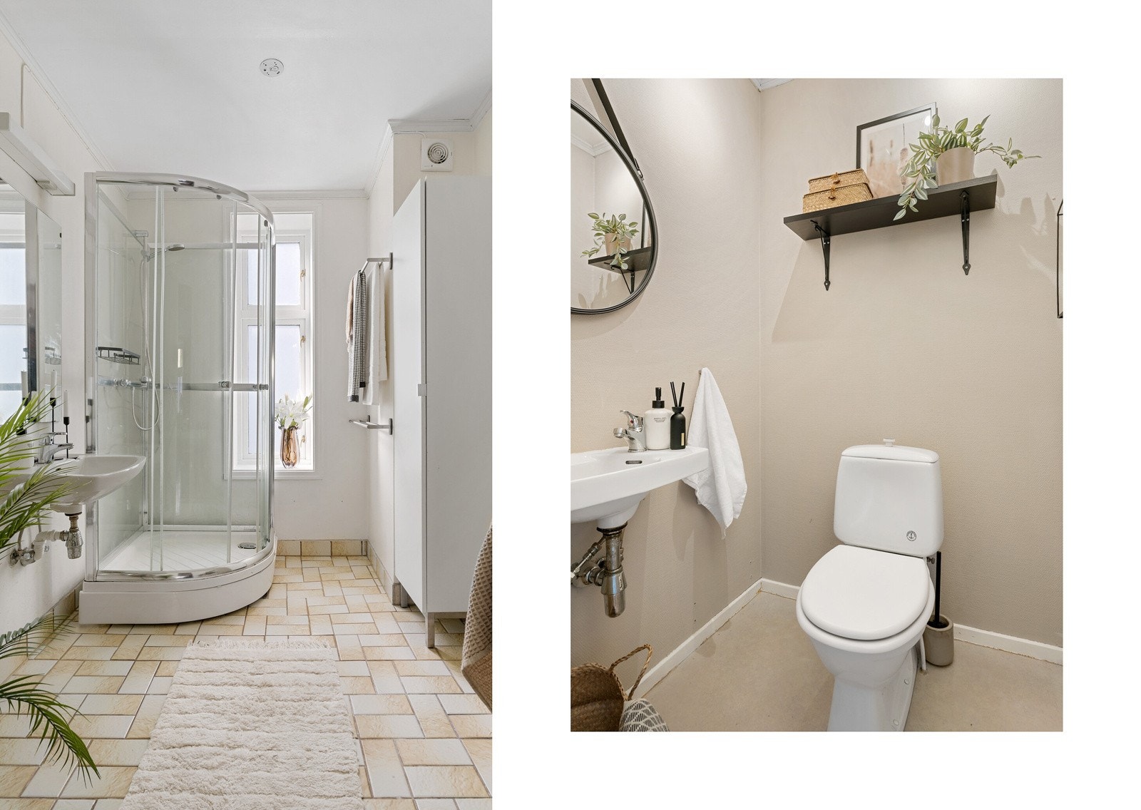 Det 4,5 kvm store badet er utstyrt med dusjkabinett, servant og et skap med god plass til baderomsartikler. Leiligheten har et separat toalettrom utstyrt med servant. Galleribilde