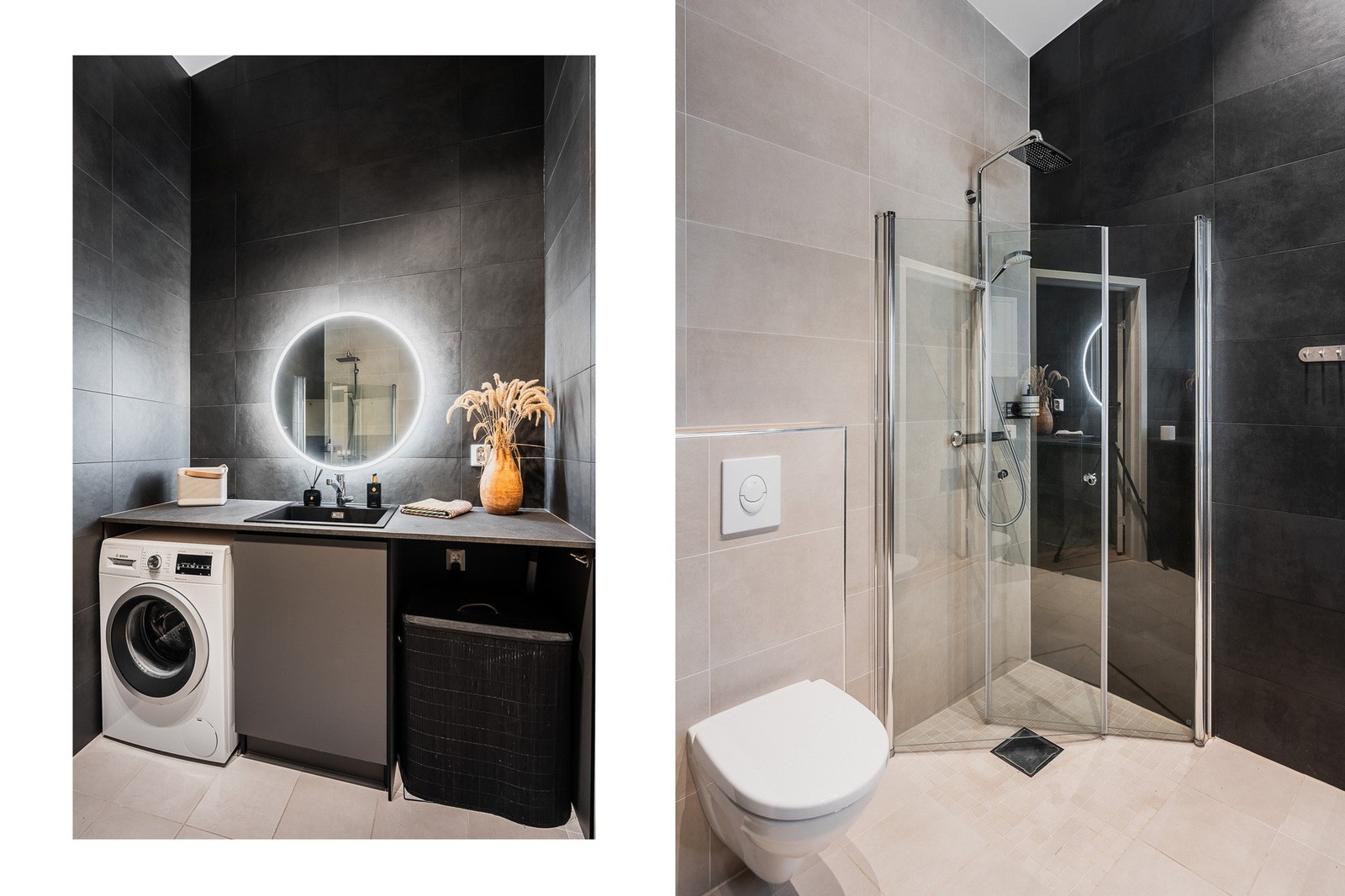 Lekkert flislagt bad med varmekabler, moderne sanitærutstyr og dusjhjørner med svingdører. Opplegg for vaskemaskin og tørketrommel. Galleribilde