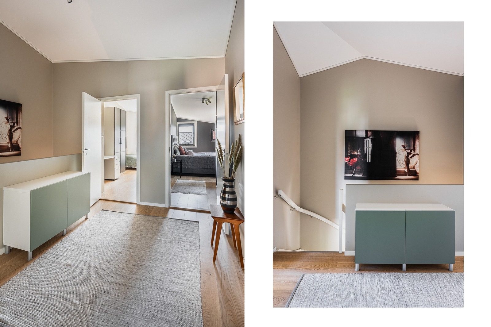 Hovedsoverommet har eget bad i tilknytning, og begge bad er flislagt med varmekabler, moderne sanitærutstyr og dusjhjørner med svingdører. Ett bad har også opplegg for vaskemaskin og tørketrommel. Denne etasjen har skråhimlinger og romhøyde opp mot 4 mete Galleribilde