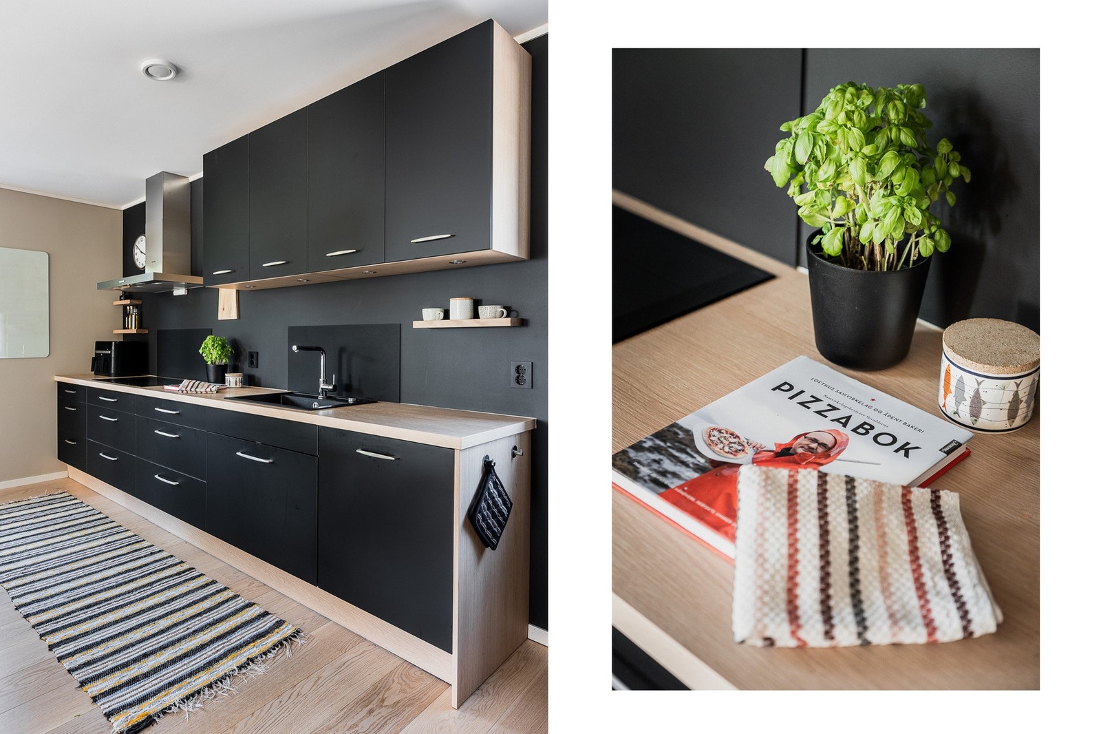 Lakkerte fronter, integrerte hvitevarer som induksjonstopp, stekeovn, mikro, kjøl, frys og oppvaskmaskin. Galleribilde