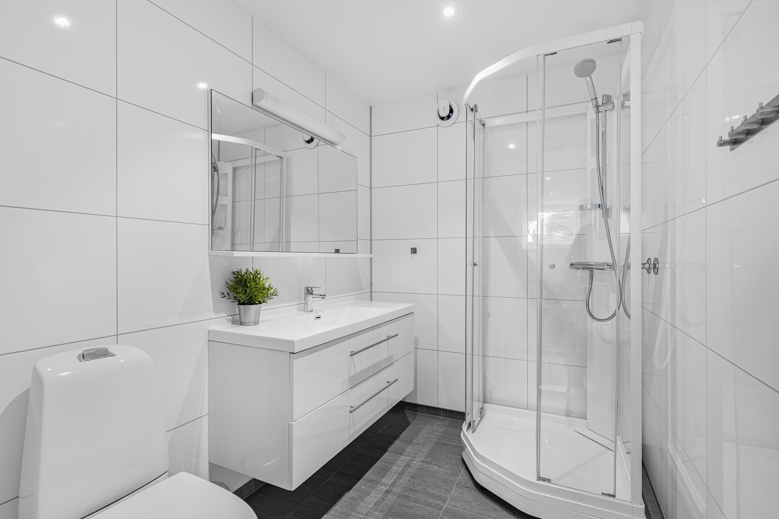 Begge bad i kjelleren er utstyrt med dusjkabinett, downlights i himling og mekanisk avtrekk. Galleribilde