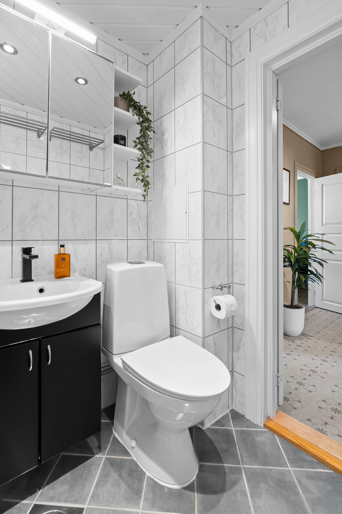 Den øvrige innredningen består av en heldekkende servant med sorte underskap og et speilskap med tilhørende belysning. Galleribilde