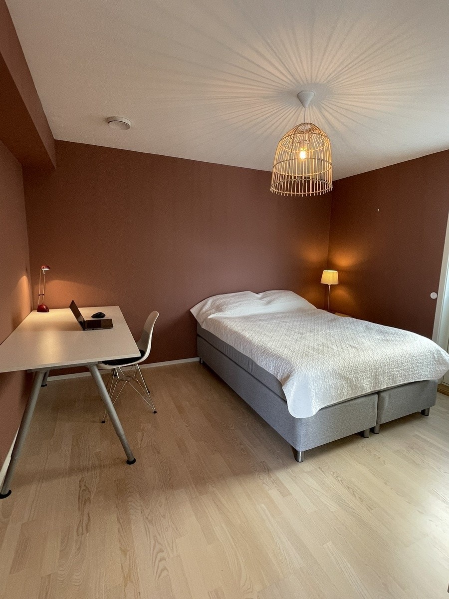 Sov (13m2) med dobbelseng (150cm), stort skrivebord (80x160) Galleribilde