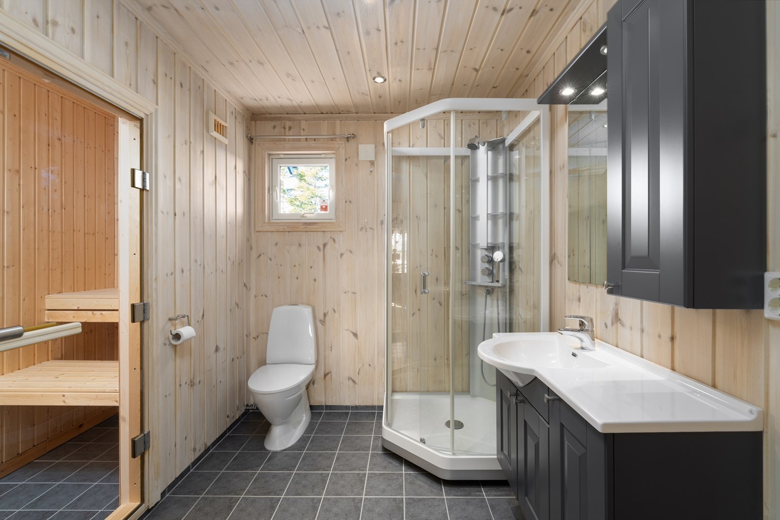 Bad 1 med servantinnredning, toalett og dusjkabinett. Herfra er det tilgang til badstuen. Galleribilde