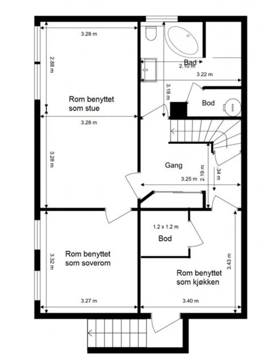 Plantegning av etasjen. Innvendig trapp er i hoved delen, og vil være låst av. Denne er ikke en del av utleiedel. Galleribilde