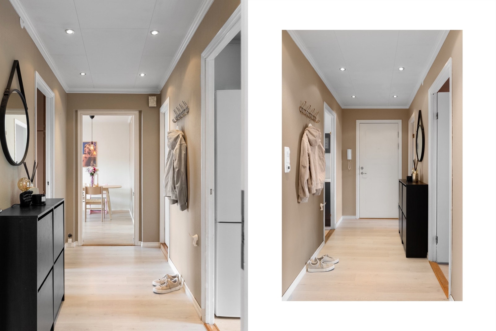 - Det første som møter deg over dørstokken er en lys og flott gang med plass til å henge fra seg yttertøyet - Galleribilde