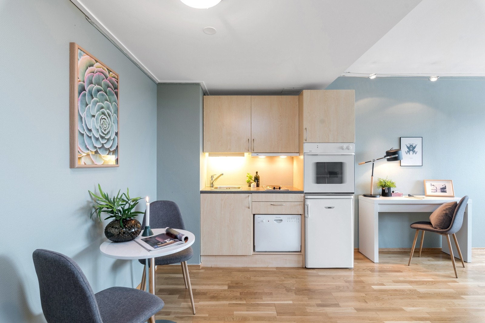 Kjøkkenet består av en enkel innredning med oppvaskmaskin, kokeplater, kjøleskap og stekeovn. Galleribilde