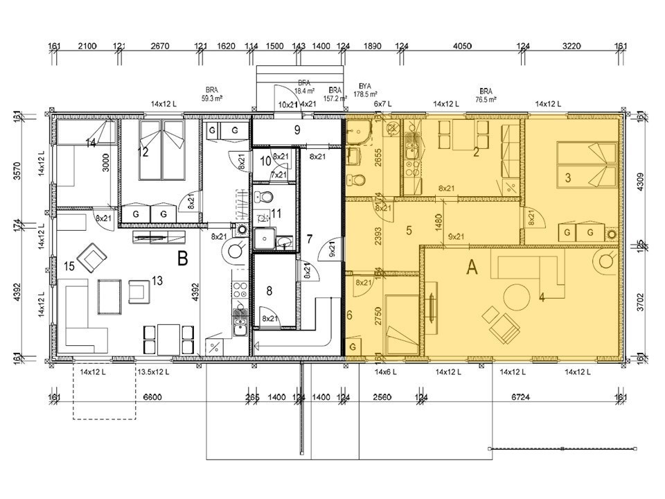 Tegning av leligheten i gult. Galleribilde