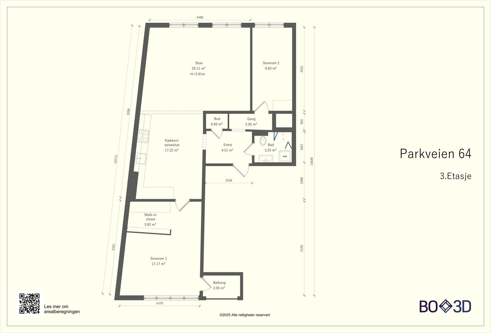Leilighetens planløsning - i tillegg er det ekstern bod i kjeller Galleribilde