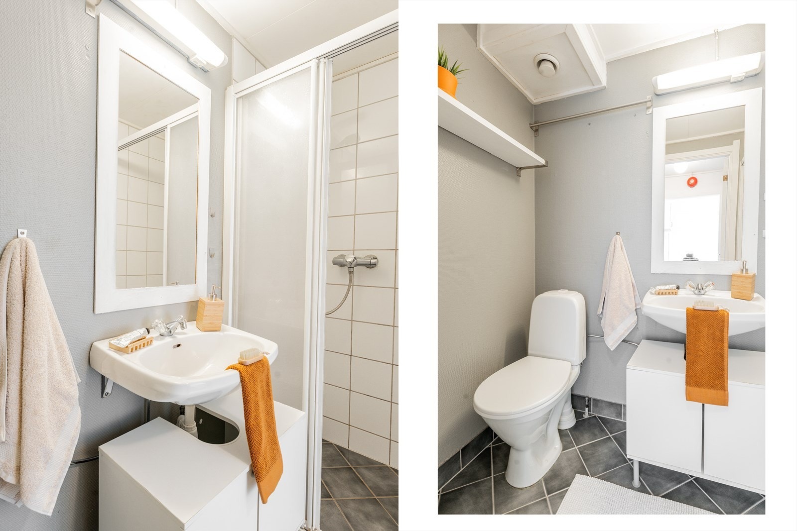 Badet på 2,6 m² er utstyrt med toalett, helstøpt servant med underskap med slette fronter og dusjdører i klart glass. Galleribilde