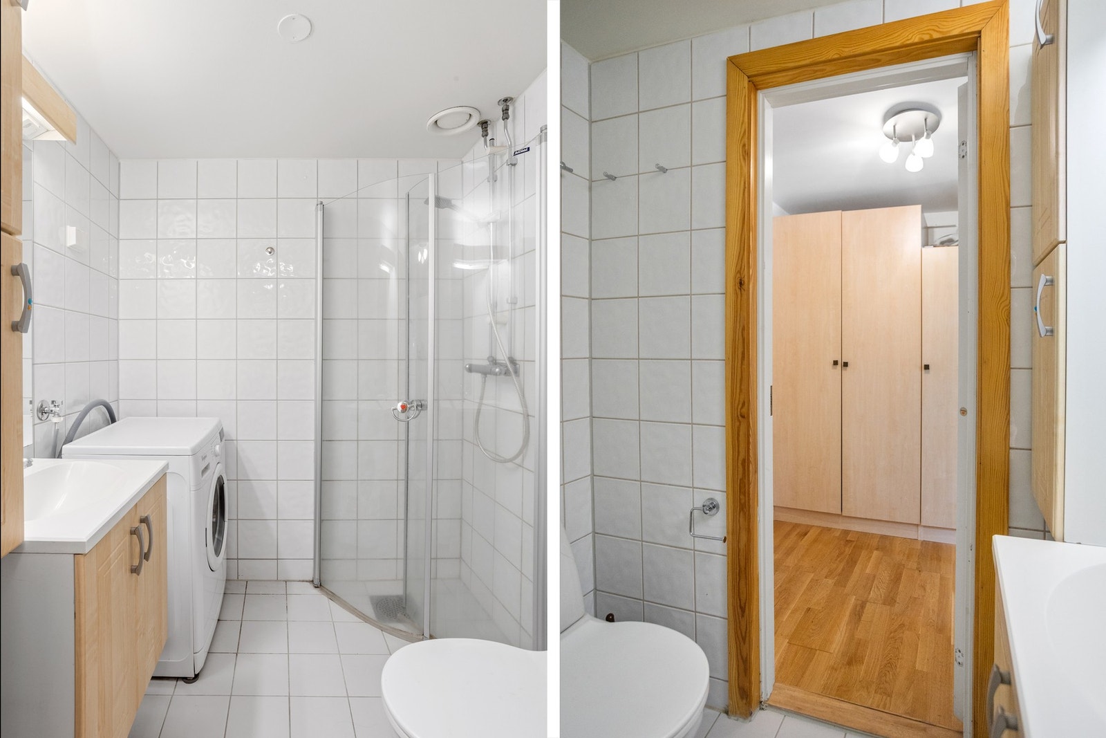 Badet er innredet med hvite fliser, varmekabler og opplegg for vaskemaskin. Galleribilde