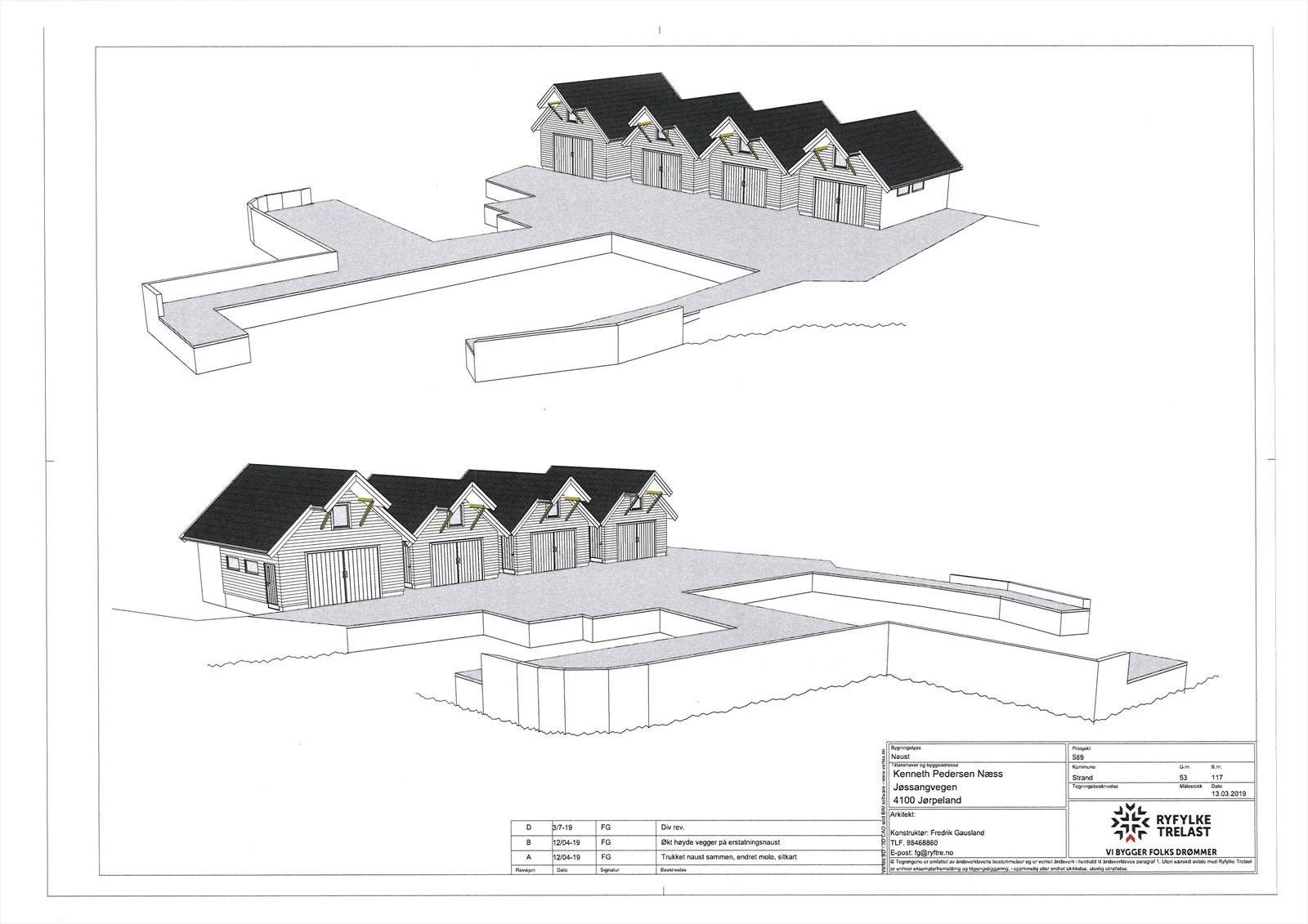 Skisse av 4 naust med molo som er byggesøkt og godkjent av Strand kommune. Galleribilde