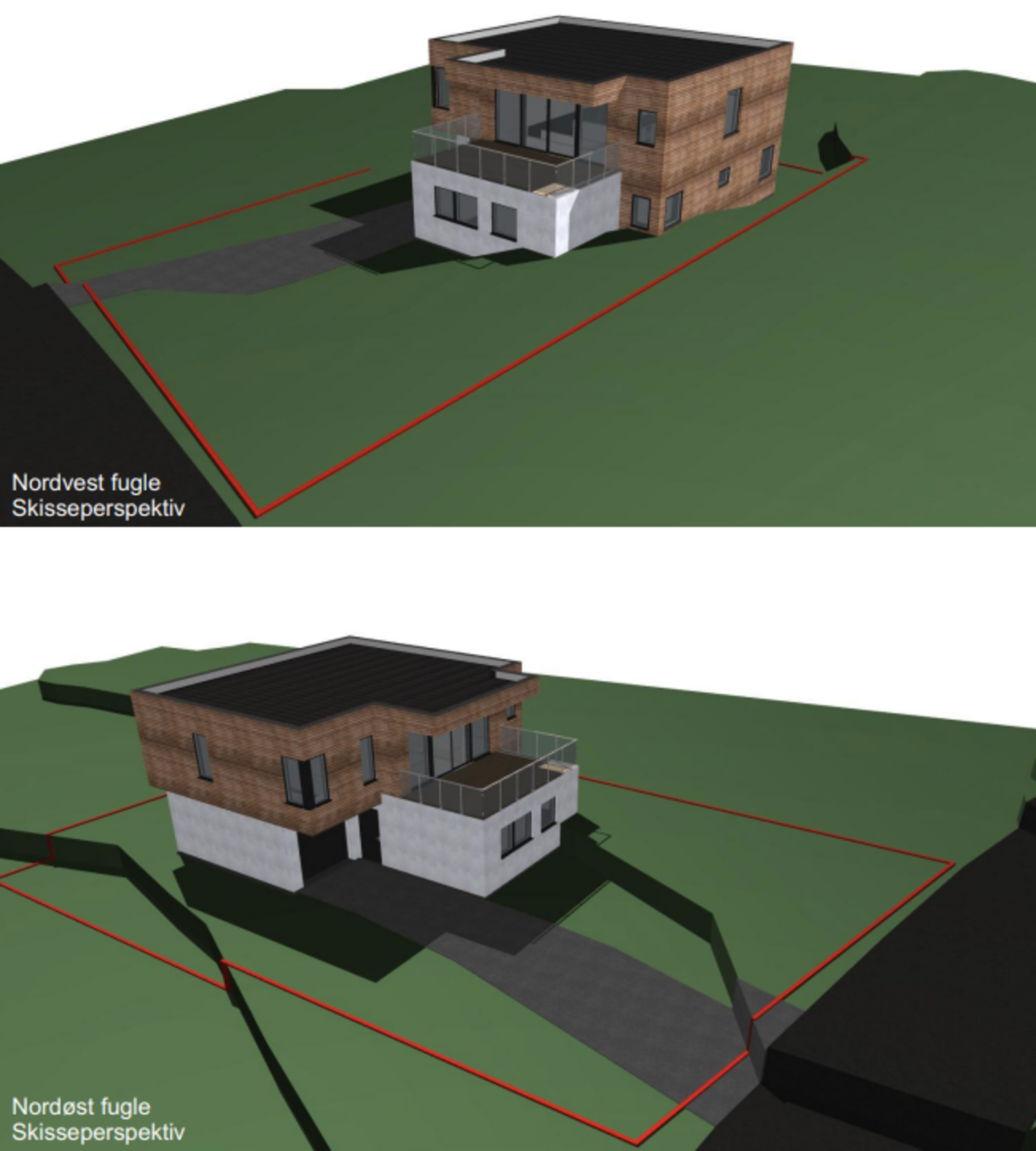 illustrasjonsbilder fra Norgeshus som viser mulighet på tomten. Kjøper må sende inn byggesøknad til kommunen før det kan bygges på tomten. Galleribilde