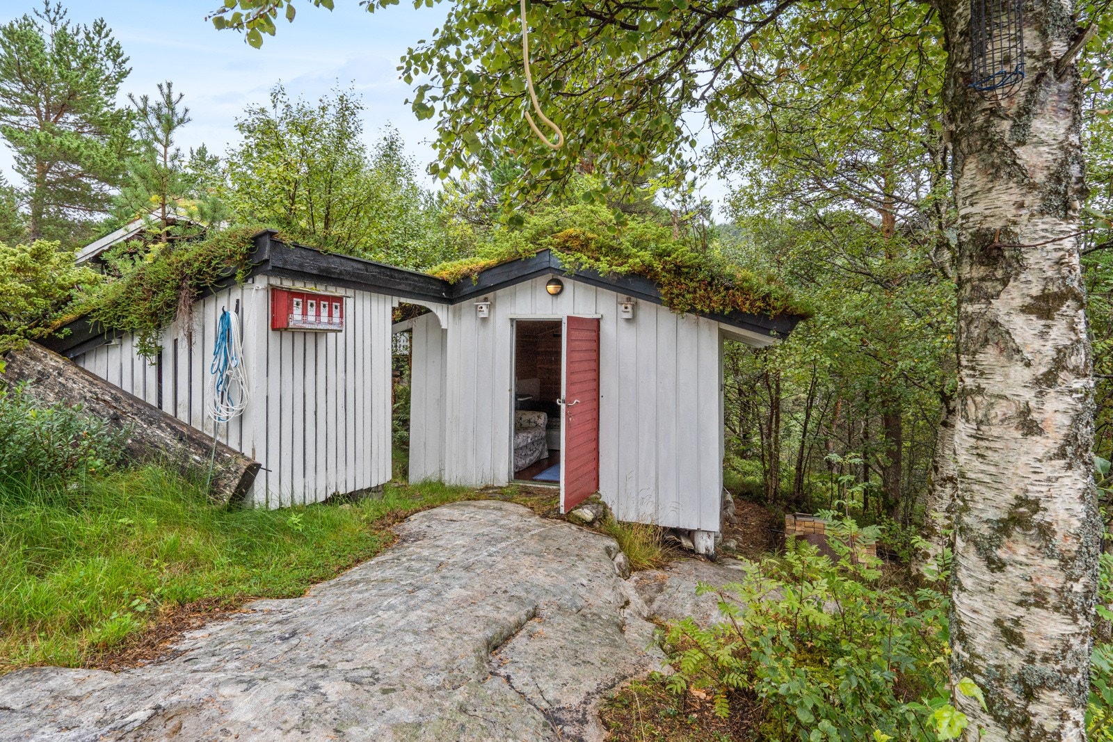 Det lille annekset har torvtak, lysmalt kledning og ligger tilbaketrukket i skogkanten. Galleribilde