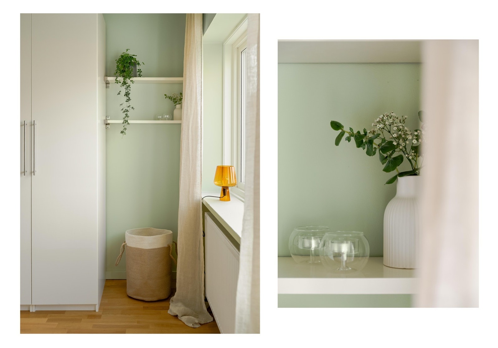 Mellom garderoben og vinduet er det en smart nisje med plass til for eksempel skittentøyskurv. Galleribilde