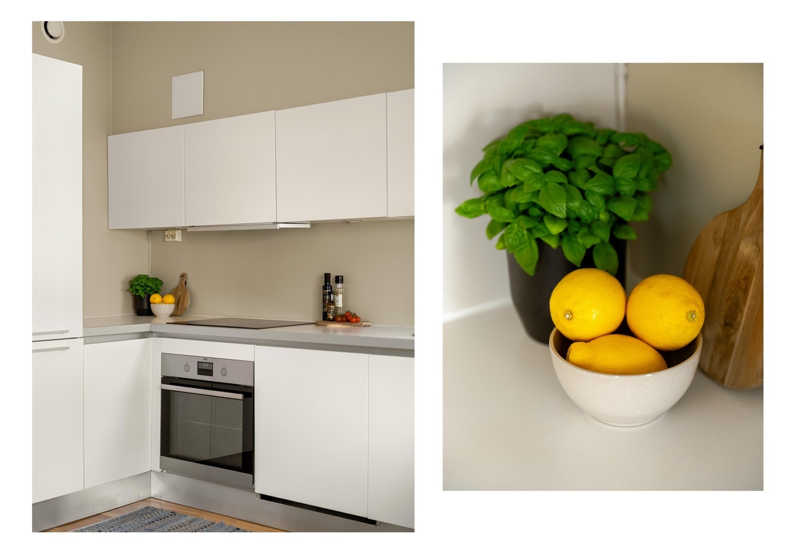 Det er godt med benkeplass og medfølgende hvitevarer som stekeovn, koketopp, ventilator (mekanisk avtrekk), oppvaskmaskin og kjøle- og fryseskap. Galleribilde