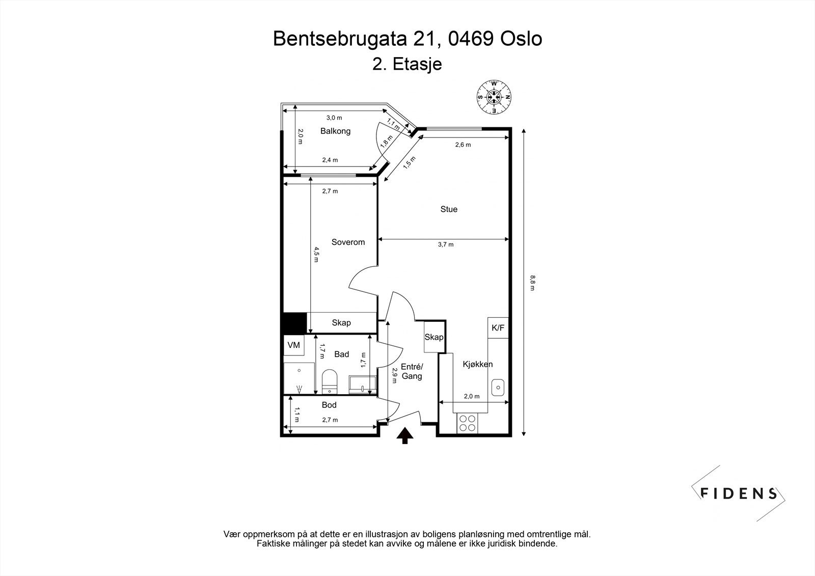Leiligheten har en smart og funksjonell planløsning med en åpen stue- og kjøkkenløsning som gir en romslig og sosial atmosfære. Galleribilde