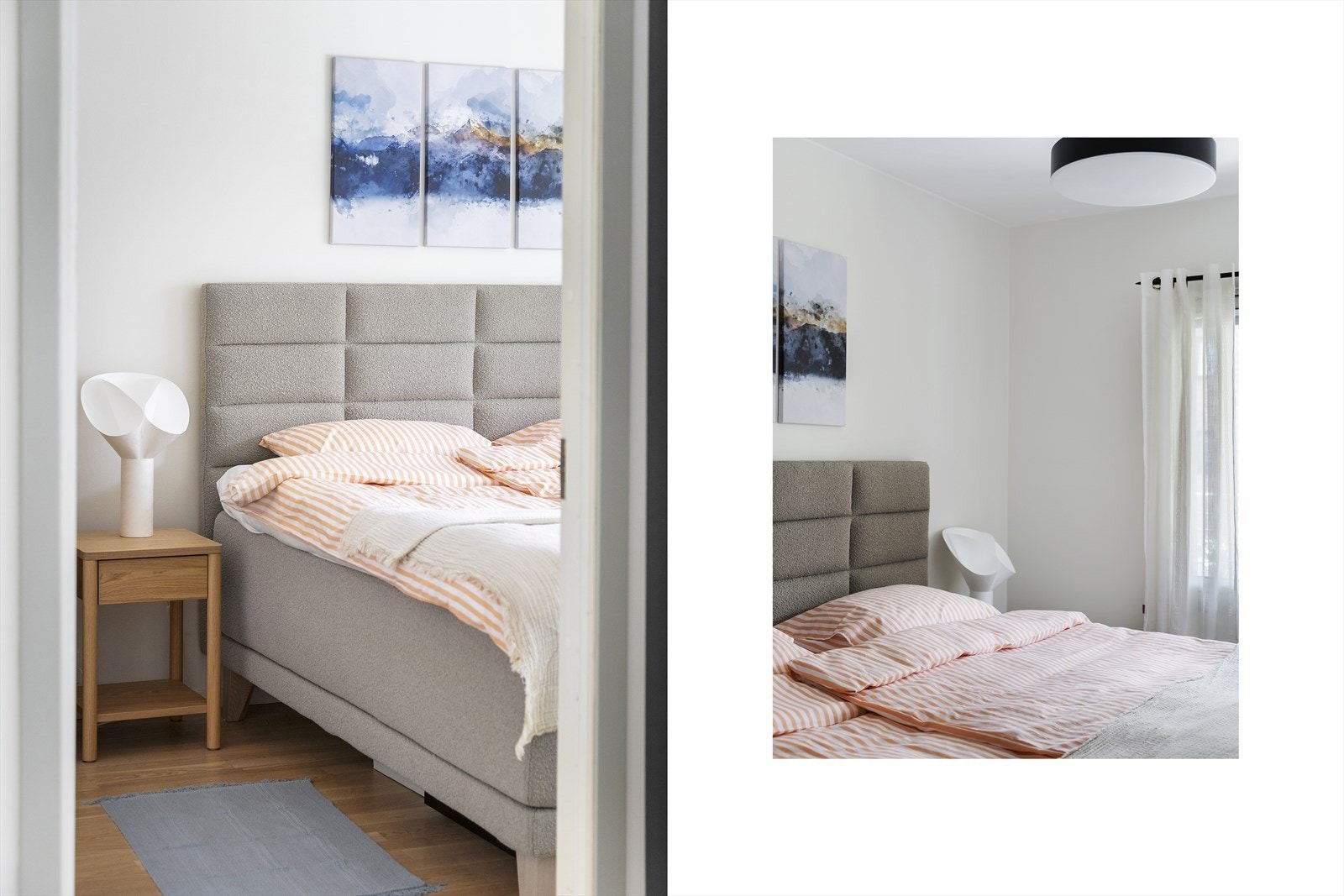 Gulvet er belagt med 3-stavs eikeparkett som gir en varm og helhetlig stil, og både vegger og himling har malte overflater i lyse toner. Galleribilde