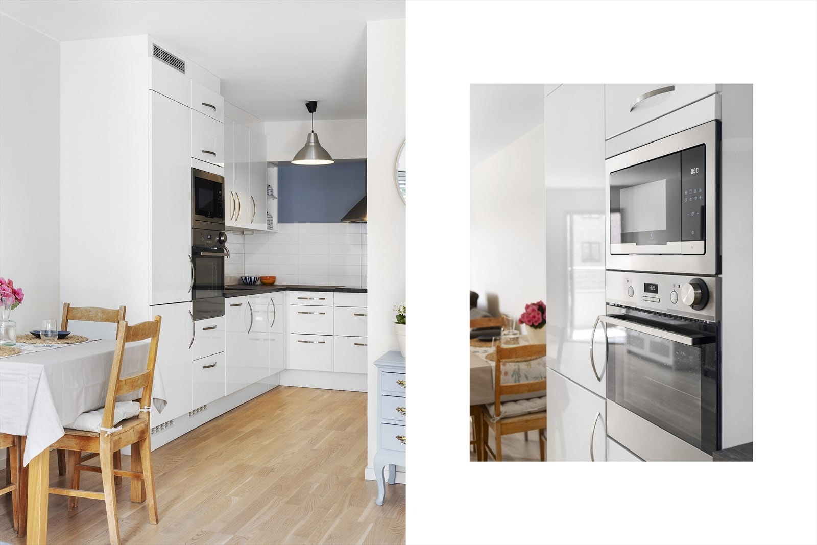 Av integrerte hvitevarer følger stekeovn, platetopp, oppvaskmaskin, kjøl/fryseskap og mikroovn - alt pent innfelt for et helhetlig uttrykk. Galleribilde