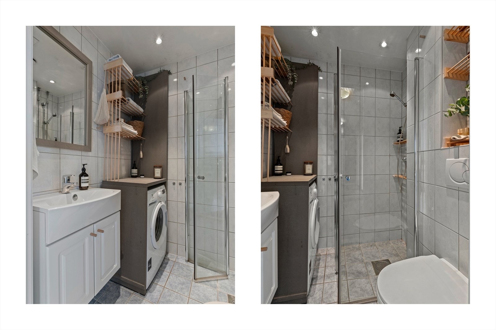 Flislagt gulv med varmekabler og downlights. Opplegg for vaskemaskin. Galleribilde