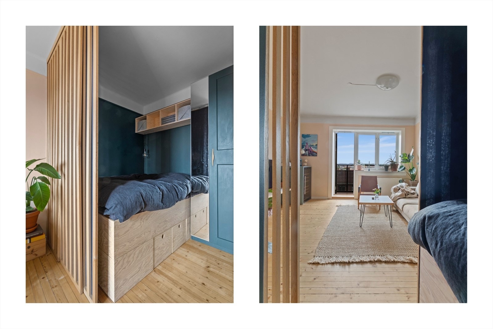 Alkoven har plass til dobbeltseng og sengen som står der i dag er 140 cm (rammen noe større). Smart garderobeløsning. Galleribilde