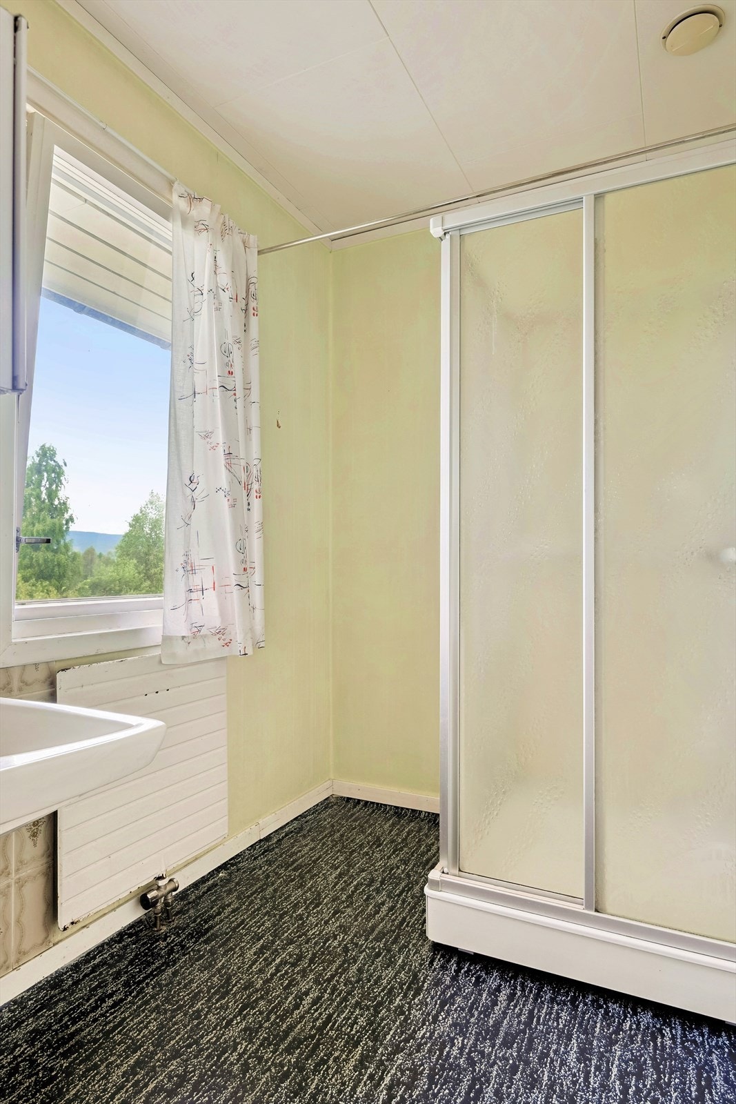 Badet har dusjkabinett, servant og radiator - rommet har oppgraderingsbehov. Galleribilde