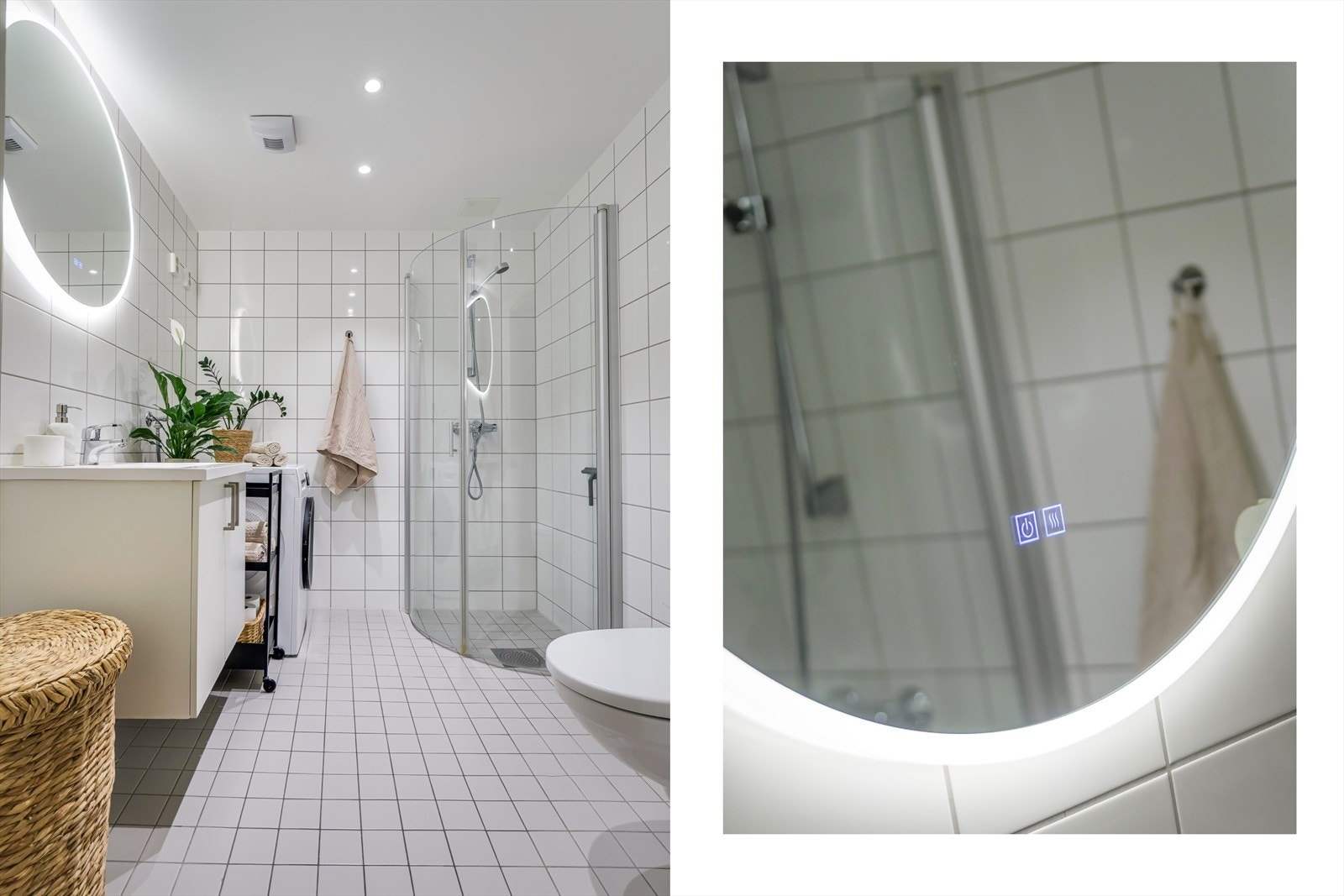 Over servanten henger et rundt speil med integrert LED-belysning som gir et godt funksjonelt lys Galleribilde