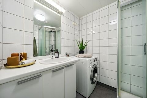 Lyst og romslig bad. Vaskemaskin følger med. Galleribilde