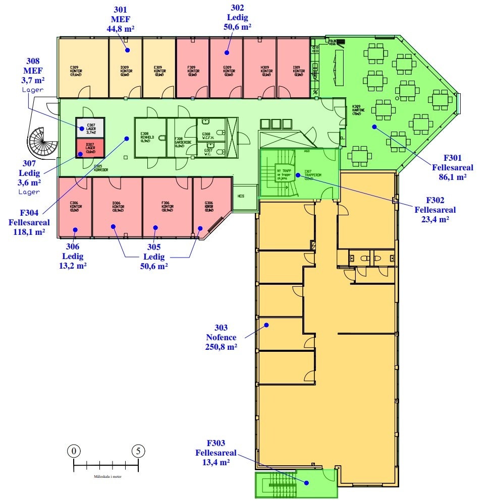 Plantegning 3. etasje. Fløy mot vest har ledige kontor mot nord og sør. Galleribilde