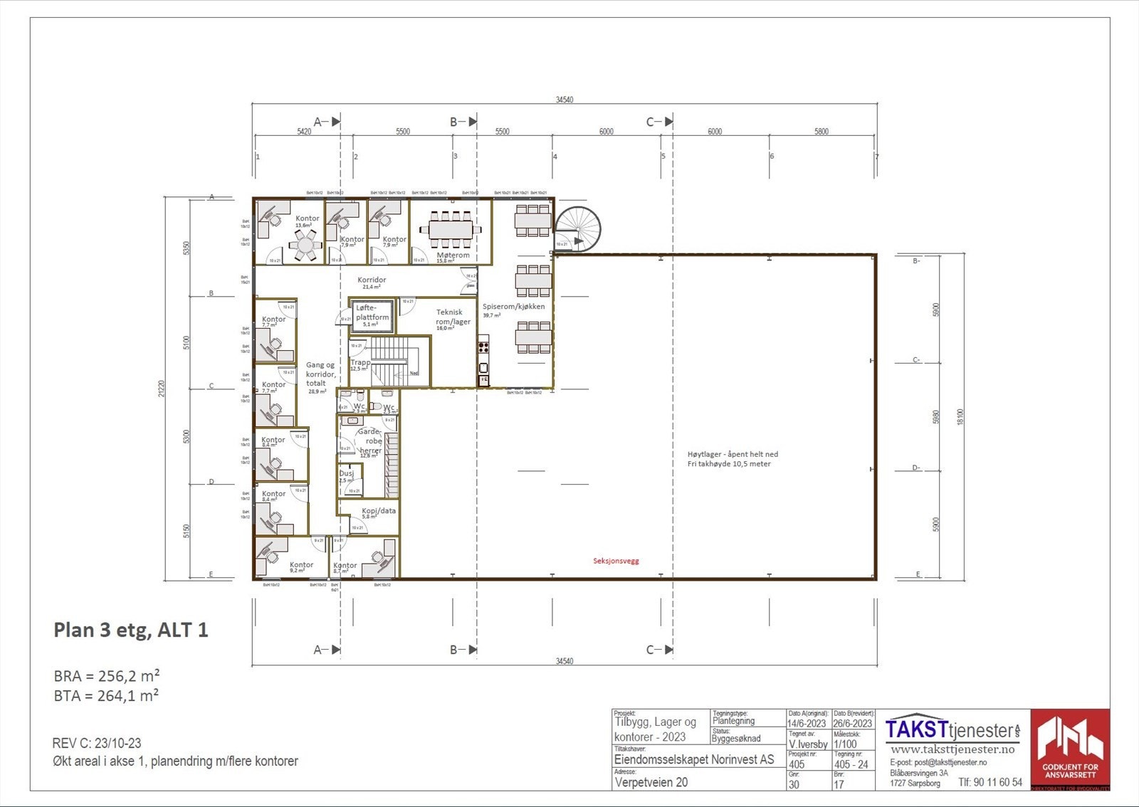 Plantegning 3. etasje: Forslag til inndeling med kontorer, møterom, kjøkken med spiseplass og garderobe med wc. Galleribilde