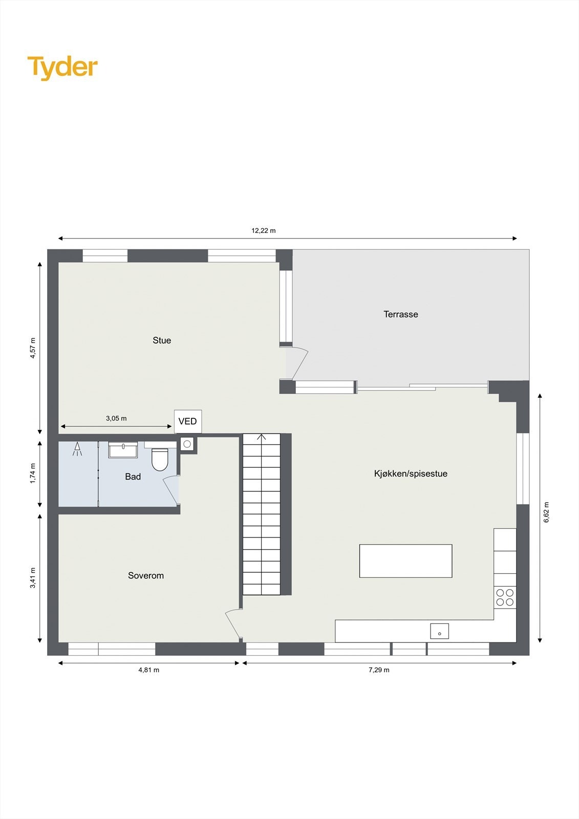 Plantegning hovedetasje - Stort og sosialt kjøkken i åpen løsning med spisestue, stue med peis, samt hovedsoverom med eget bad Galleribilde