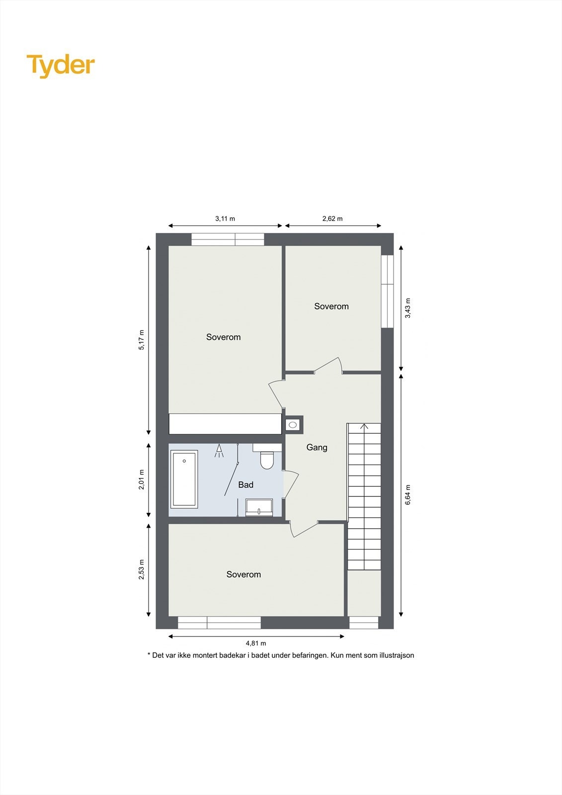 Plantegning 2. etasje - Her har du tre romslige soverom i tillegg til stort baderom med plass til badekar Galleribilde