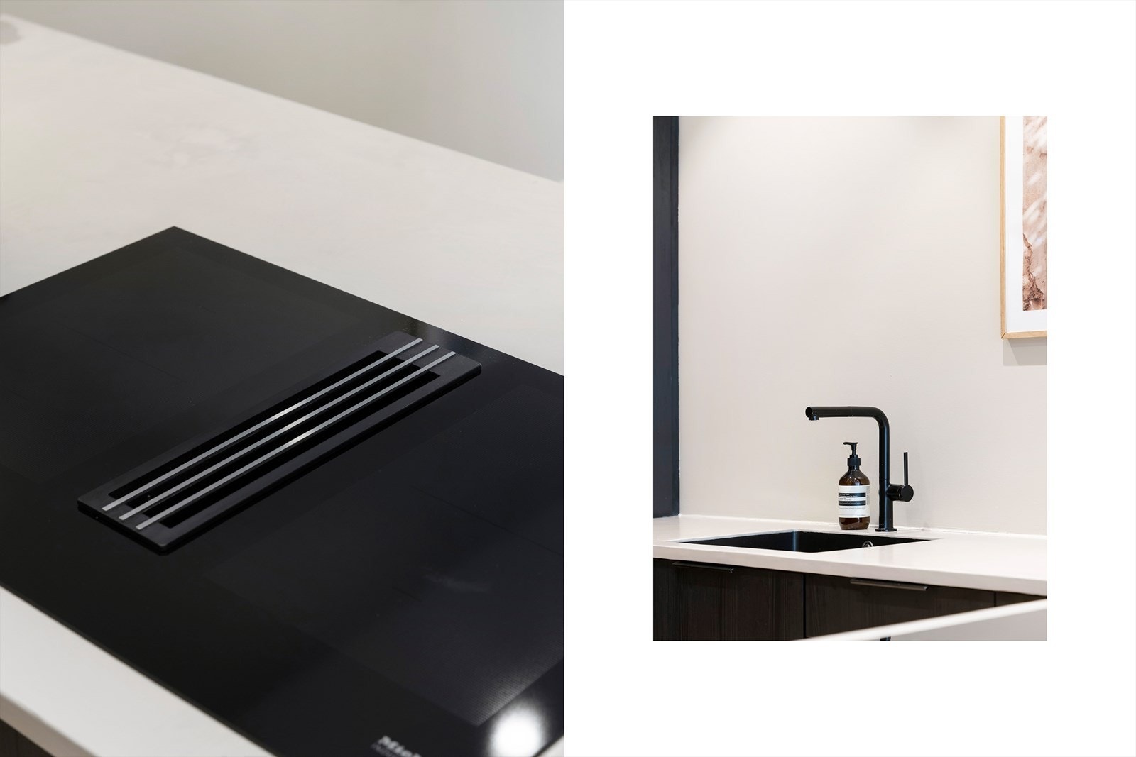 Nedfelt kum i kompositt og platetopp med integrert ventilator - også denne fra Miele. Lekre detaljer! Galleribilde