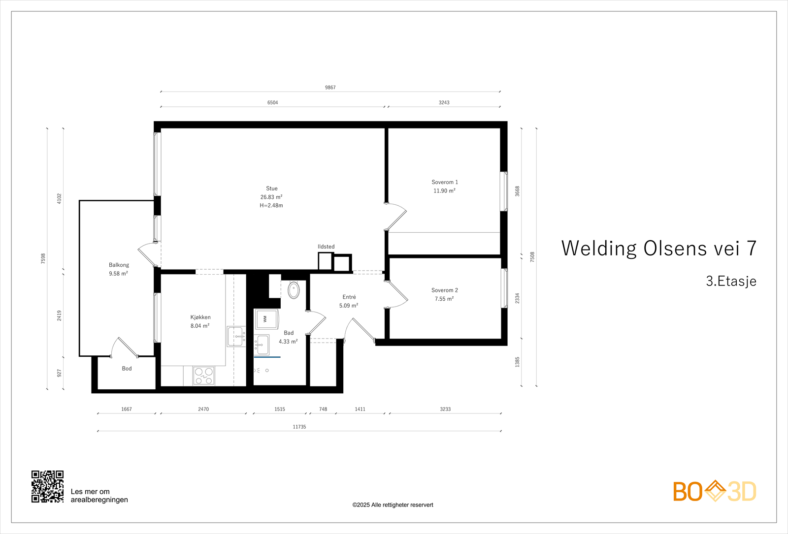 Her får man en bolig med høy standard og svært god planløsning.
Plantegning. Galleribilde