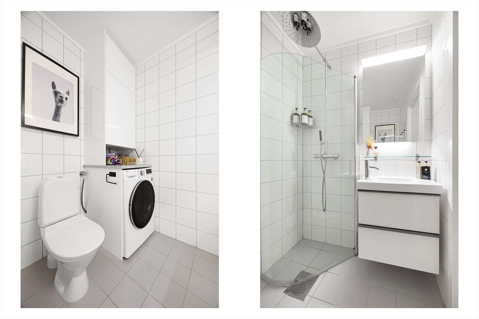 Badet er utstyrt med dusjhjørne, servant med underskap, speil og toalett samt opplegg for vaskemaskin Galleribilde