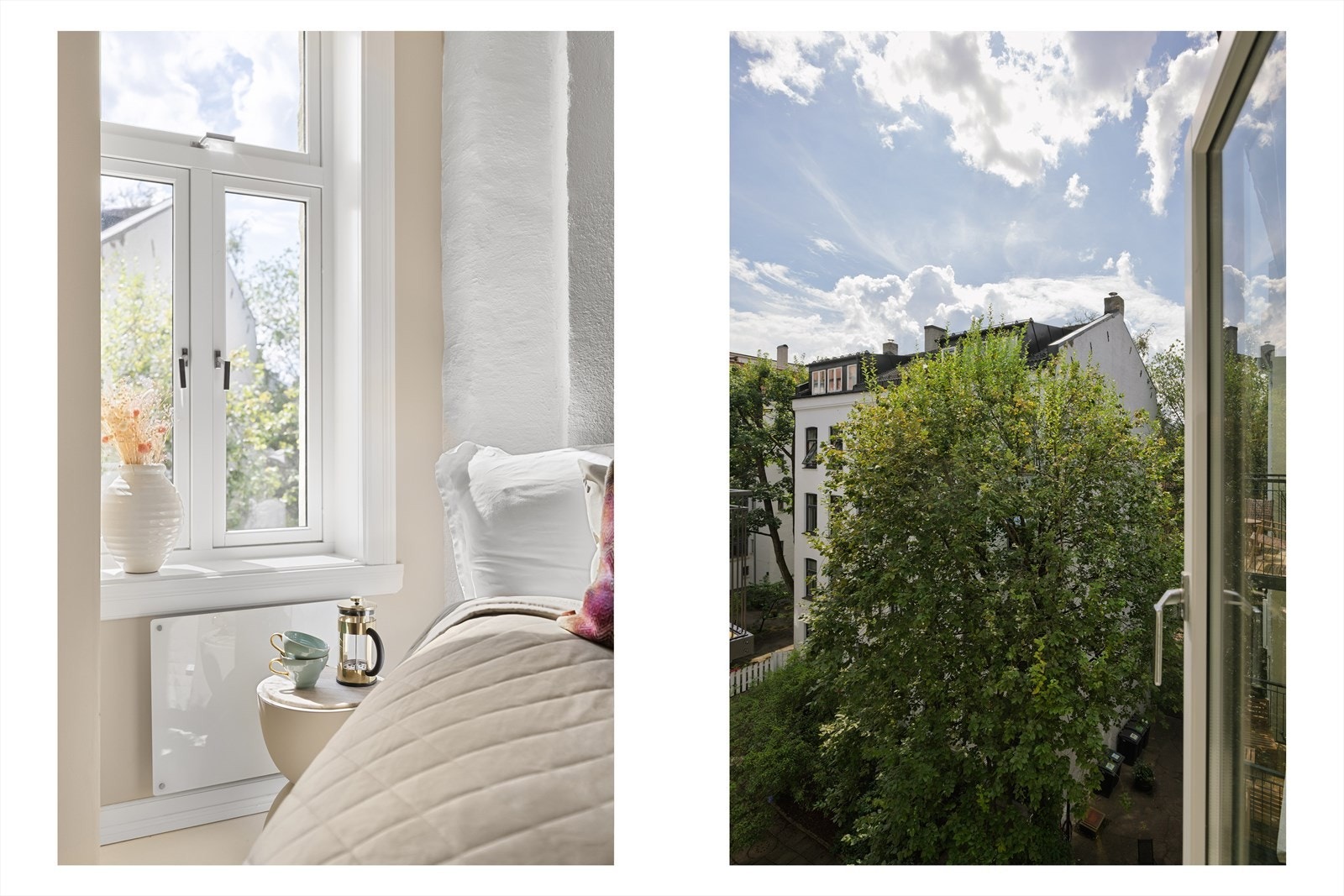 Soveromsvinduet vender ut mot en rolig bakgård Galleribilde