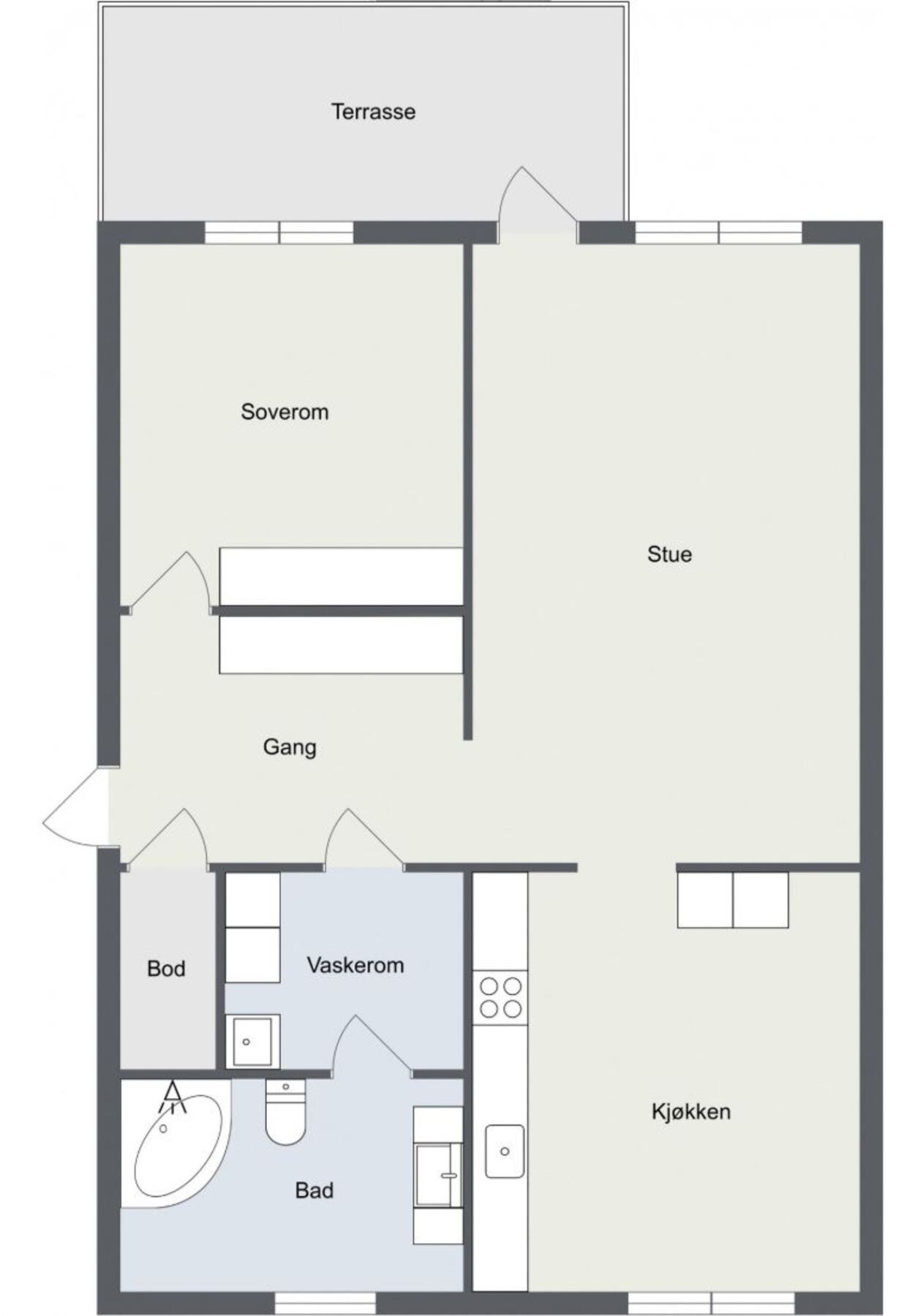 Plantegning. I tillegg disponerer leiligheten en kjellerbod på 4 kvm. Galleribilde