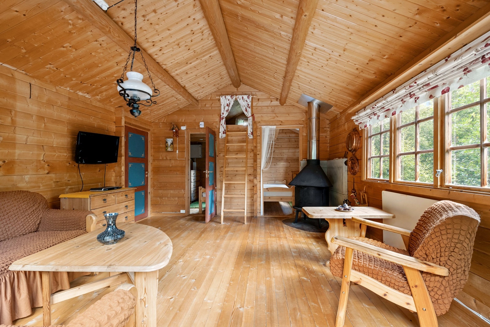 Romslig stue med vedovn Galleribilde